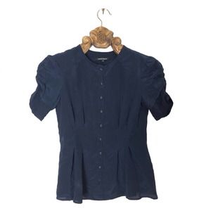 Nanette Lepore Blouse Silk Button Front Peplum Short Puff Sleeve Top Navy Blue 2